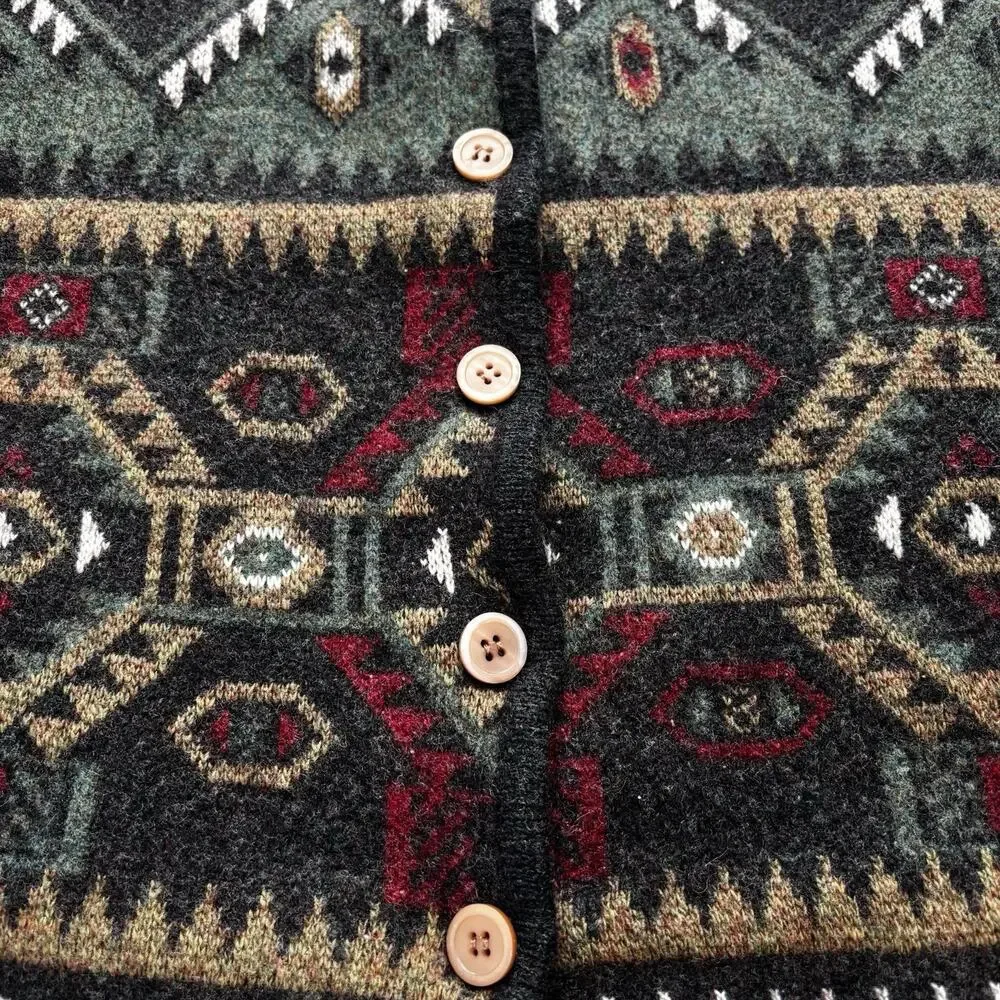 Vintage Aztec Blanket Wool Cardigan Sweater Green Gray Southwestern Ranch Small